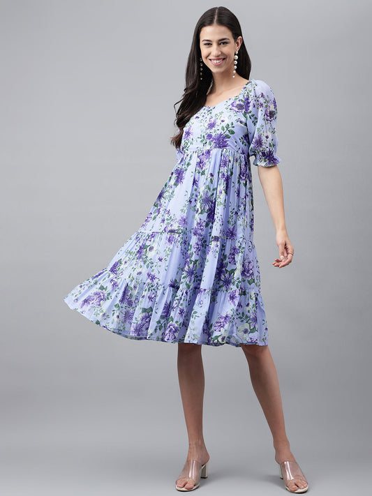 Janasya Women's Lavender Georgette Floral Printed Tiered Casual Dress 