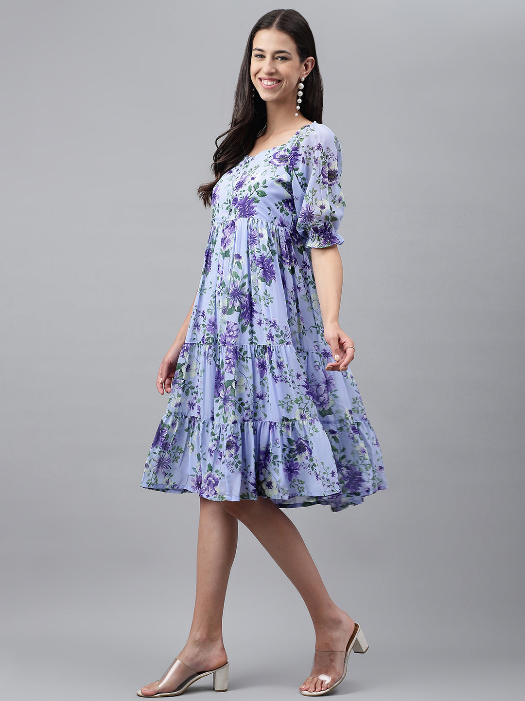 Janasya Women's Lavender Georgette Floral Printed Tiered Casual Dress 