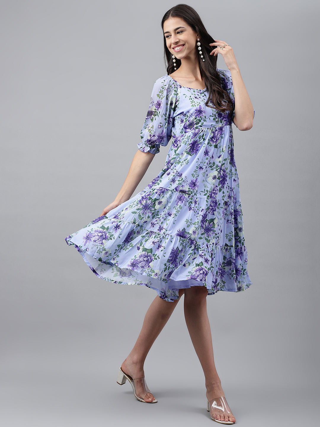 Janasya Women's Lavender Georgette Floral Printed Tiered Casual Dress 