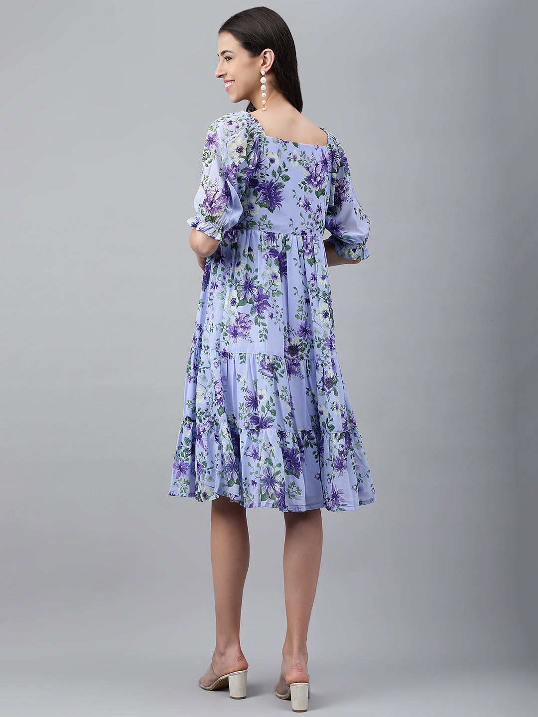 Janasya Women's Lavender Georgette Floral Printed Tiered Casual Dress 