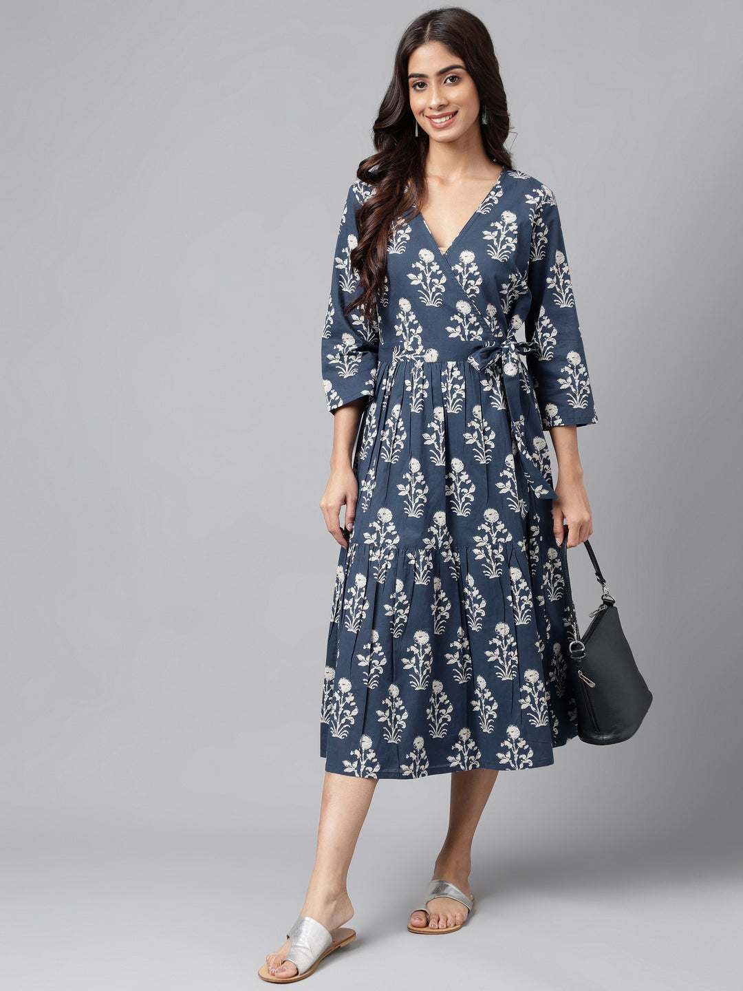 Janasya Women's Navy Blue Cotton Floral Printed Wrap Casual Dress 