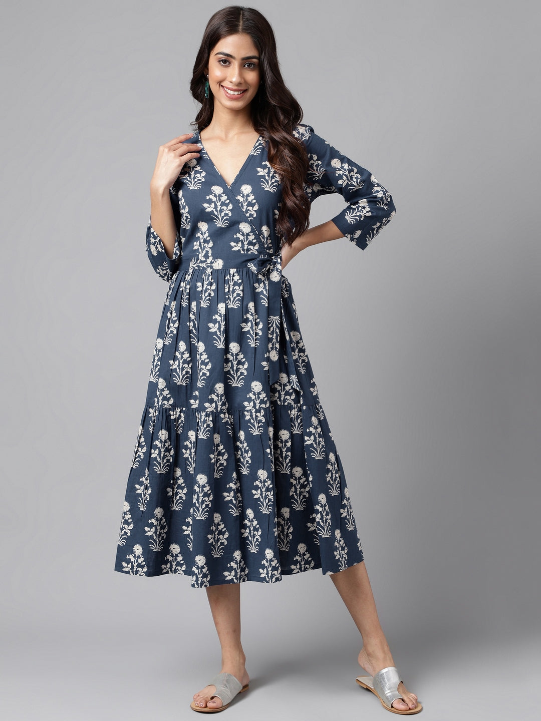 Janasya Women's Navy Blue Cotton Floral Printed Wrap Casual Dress 
