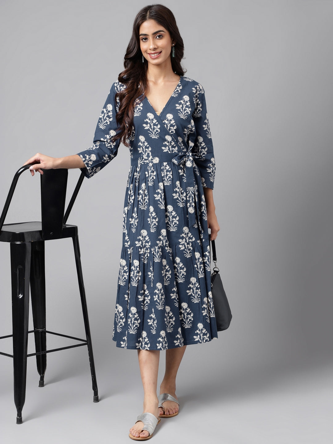 Janasya Women's Navy Blue Cotton Floral Printed Wrap Casual Dress 