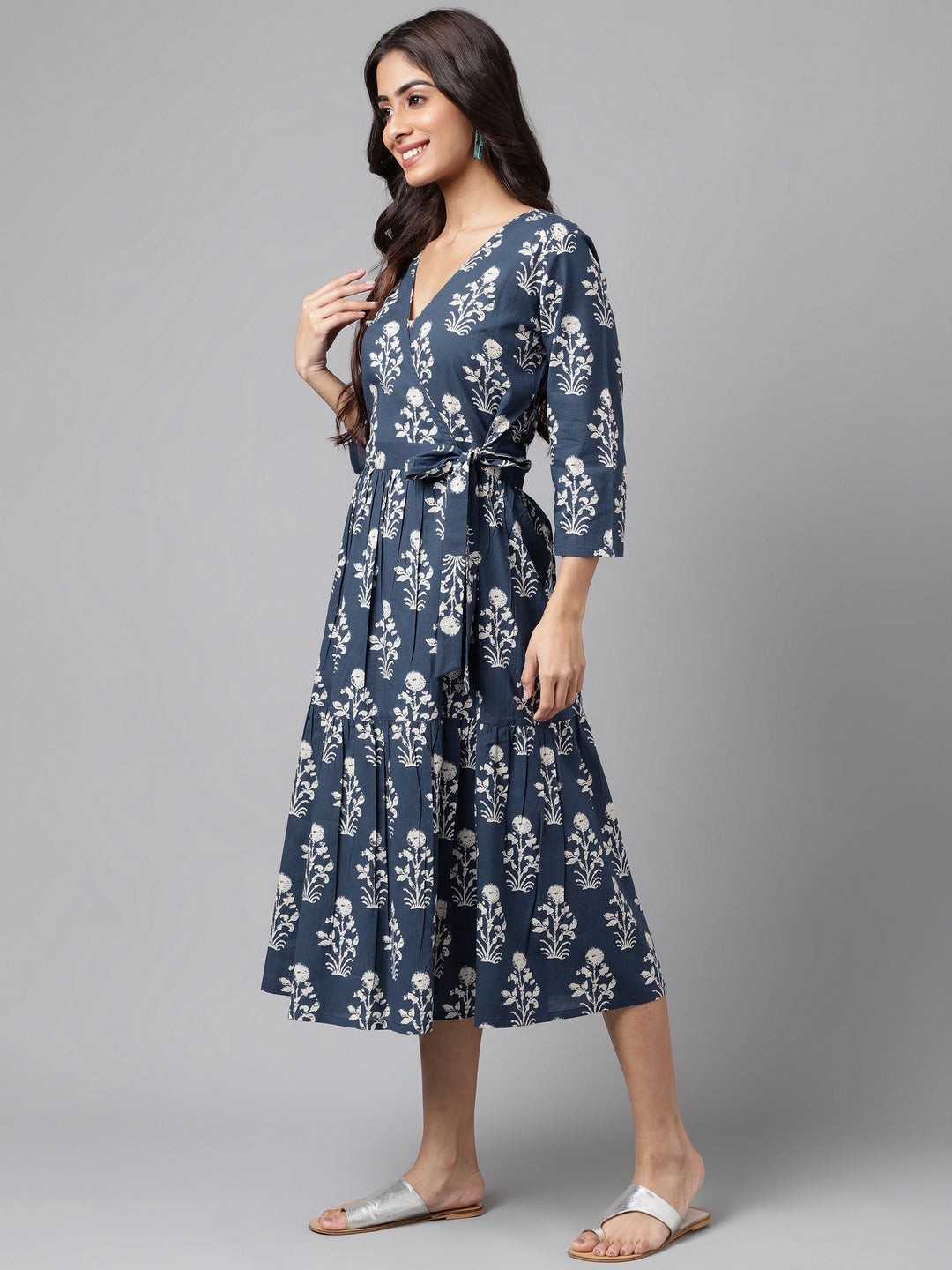 Janasya Women's Navy Blue Cotton Floral Printed Wrap Casual Dress 