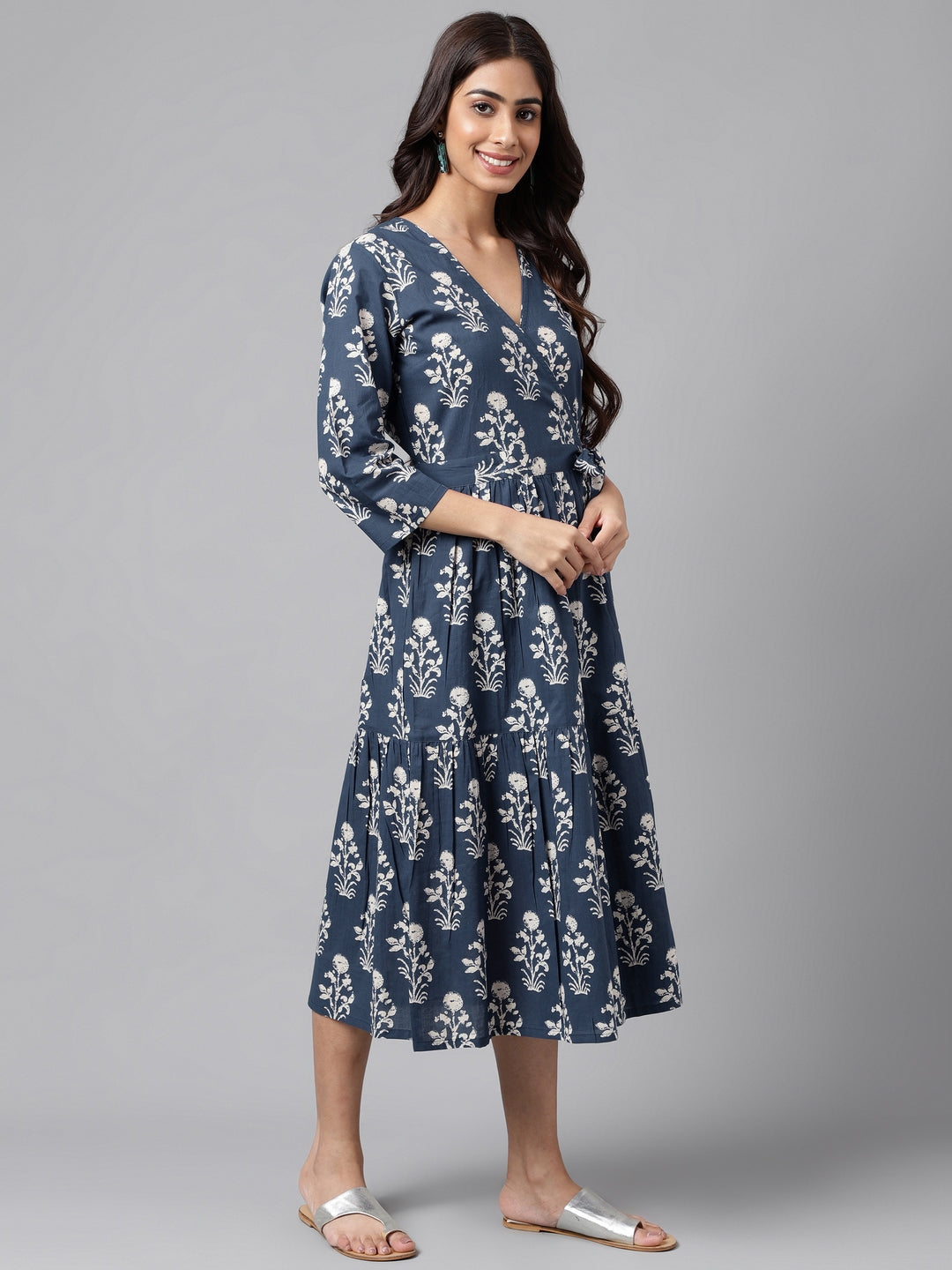 Janasya Women's Navy Blue Cotton Floral Printed Wrap Casual Dress 