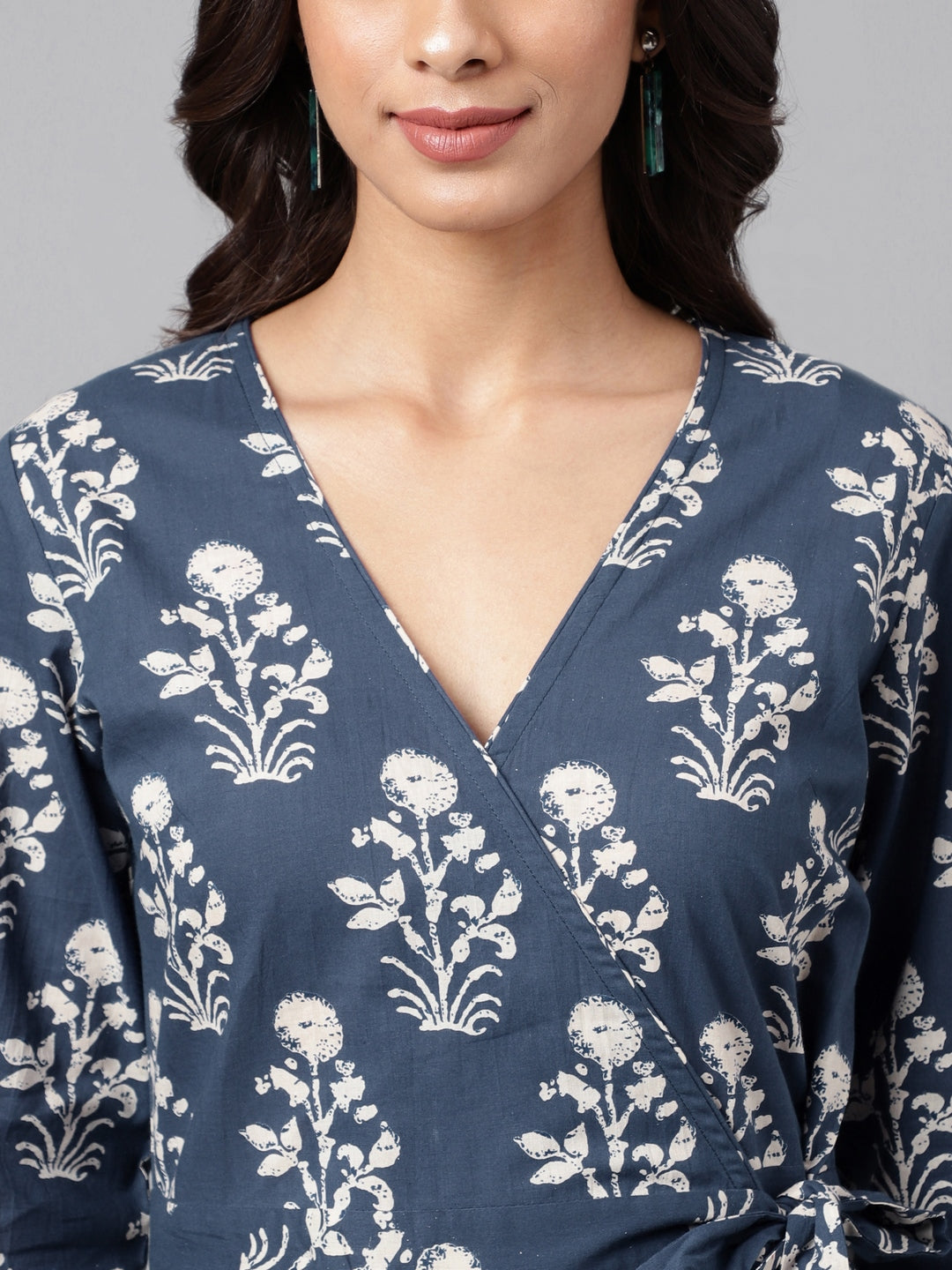 Janasya Women's Navy Blue Cotton Floral Printed Wrap Casual Dress 