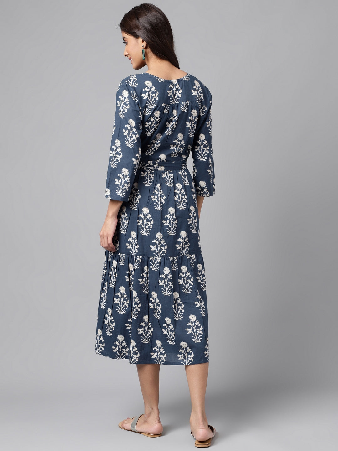Janasya Women's Navy Blue Cotton Floral Printed Wrap Casual Dress 