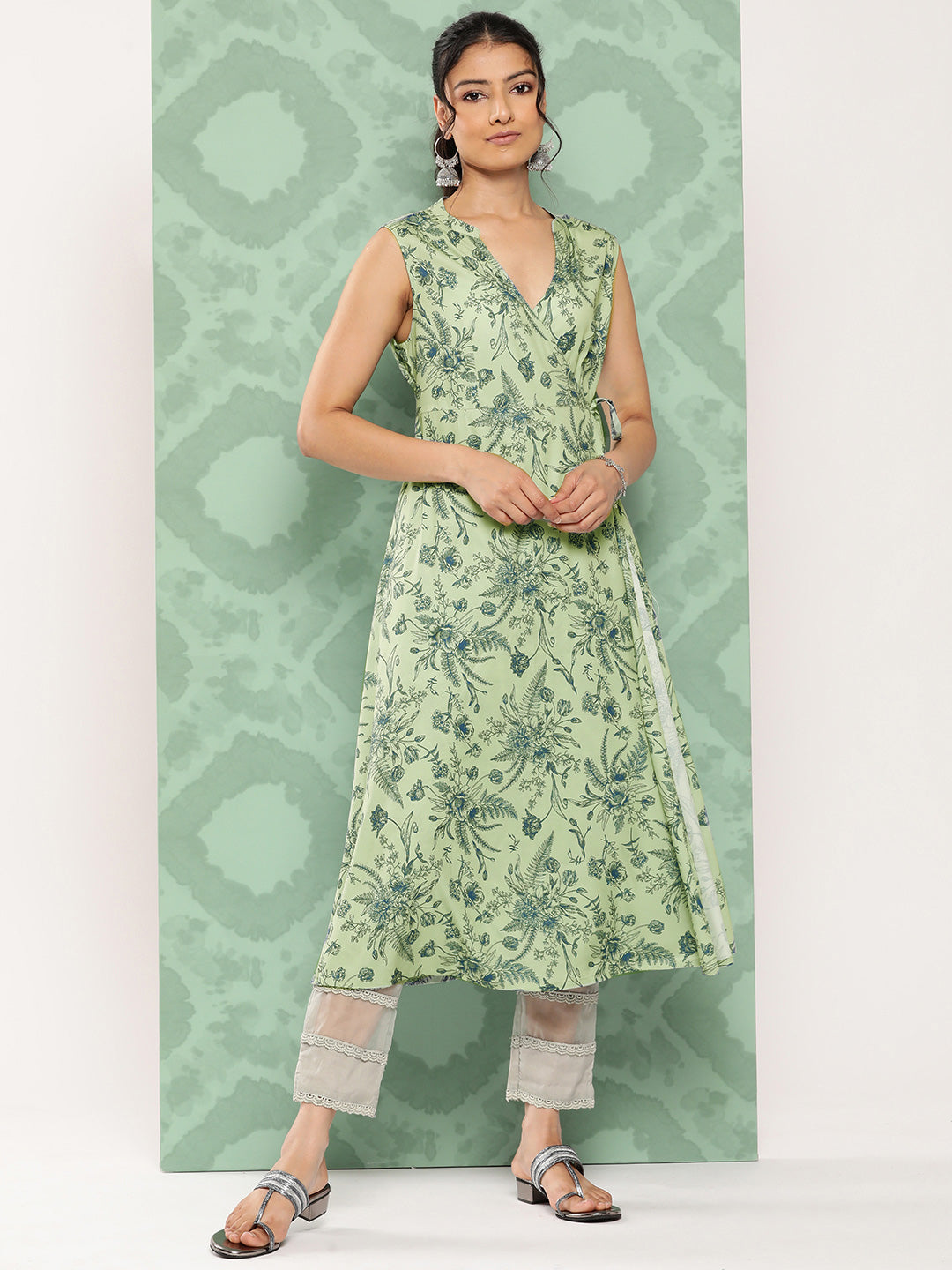 Janasya Women's Light Green Crepe Digital Printed Casual Angrakha Kurta 