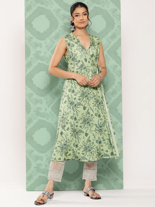 Janasya Women's Light Green Crepe Digital Printed Casual Angrakha Kurta 