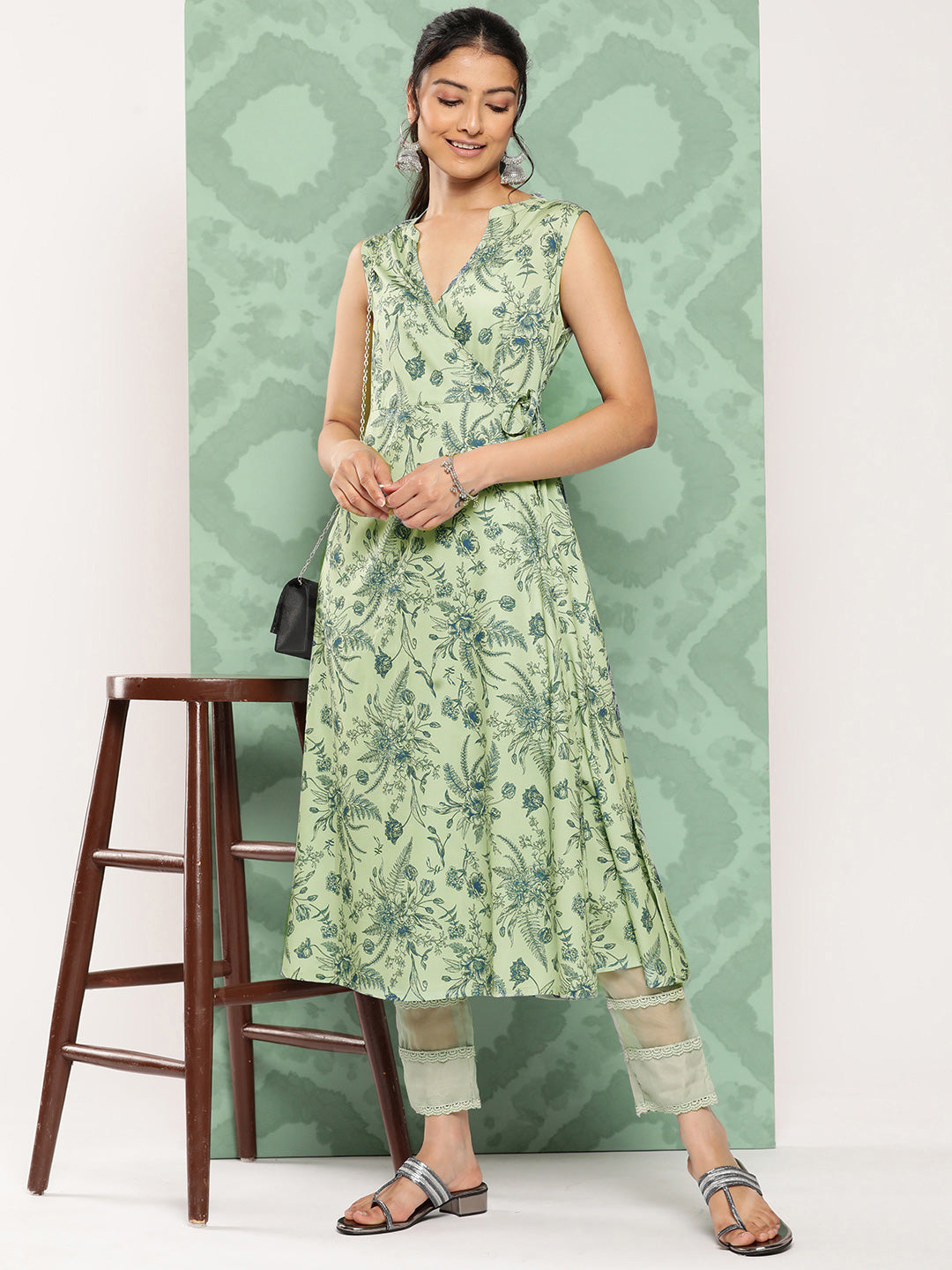 Janasya Women's Light Green Crepe Digital Printed Casual Angrakha Kurta 