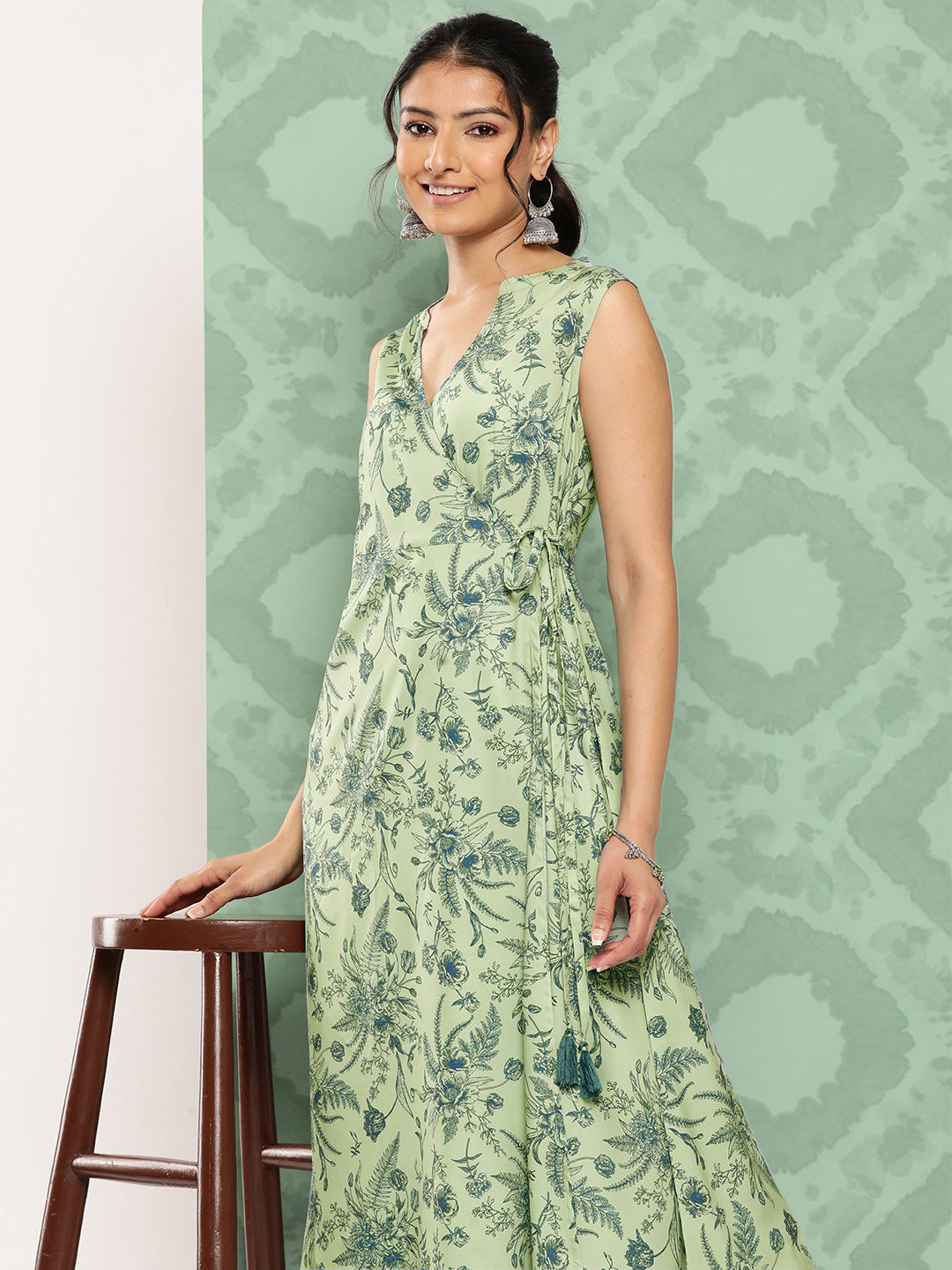 Janasya Women's Light Green Crepe Digital Printed Casual Angrakha Kurta 