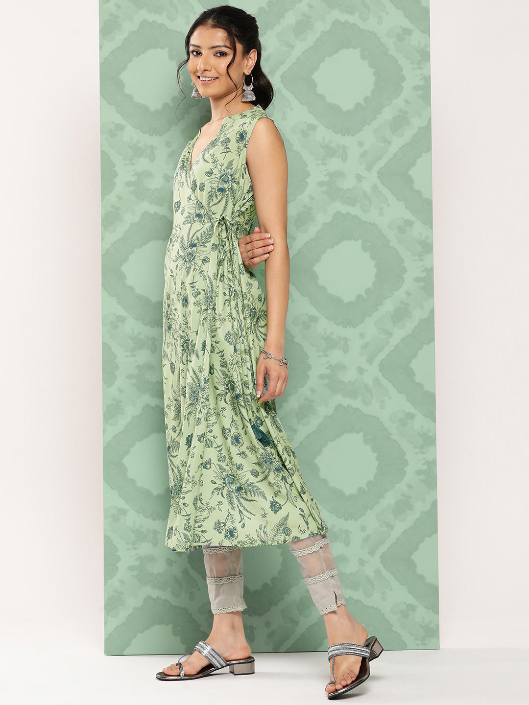 Janasya Women's Light Green Crepe Digital Printed Casual Angrakha Kurta 