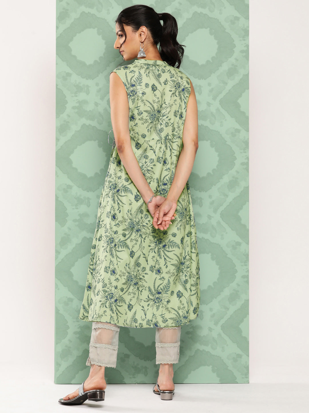 Janasya Women's Light Green Crepe Digital Printed Casual Angrakha Kurta 