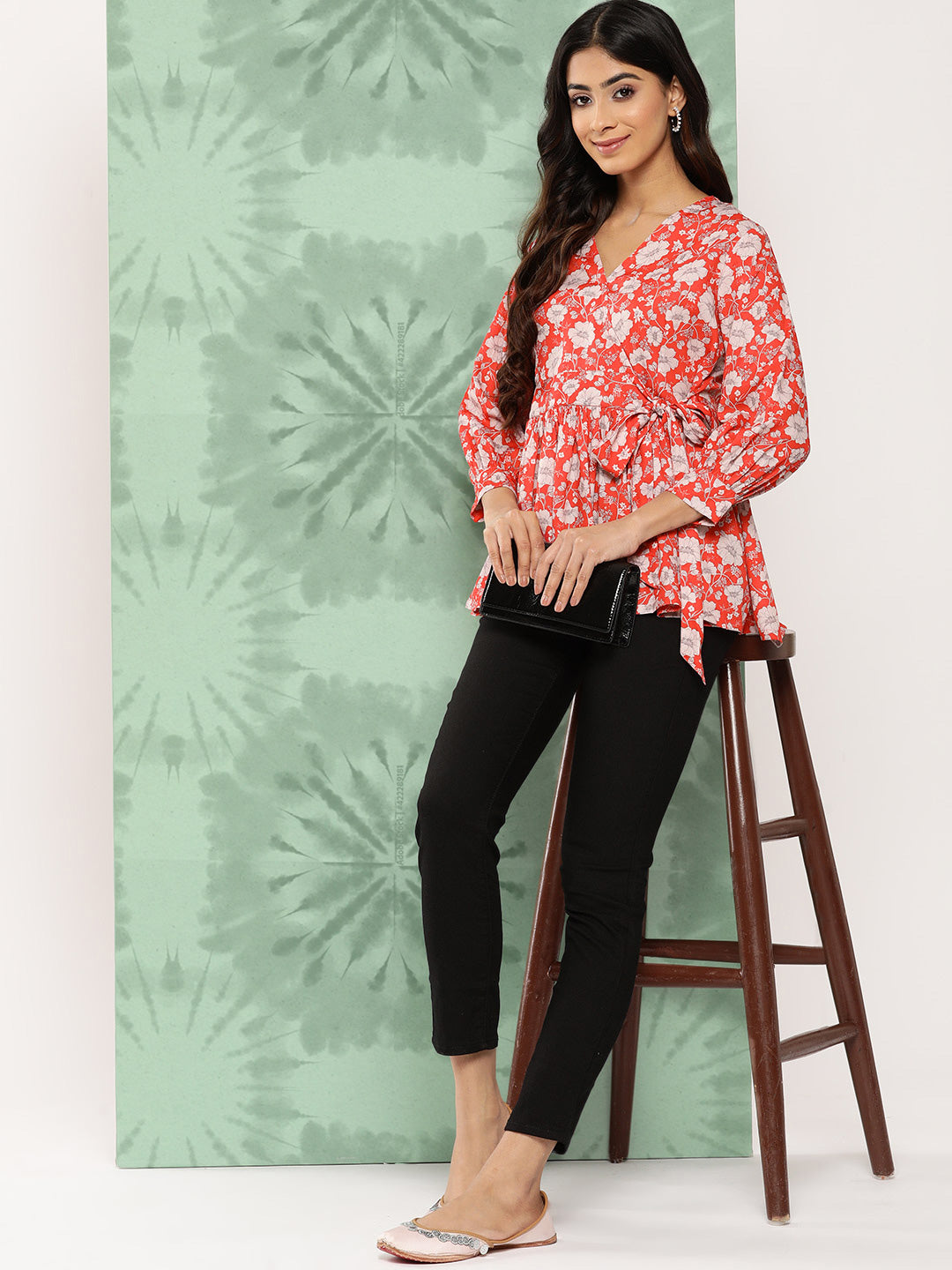 Janasya Women's Orange Crepe Digital Floral Print Casual Peplum Top 