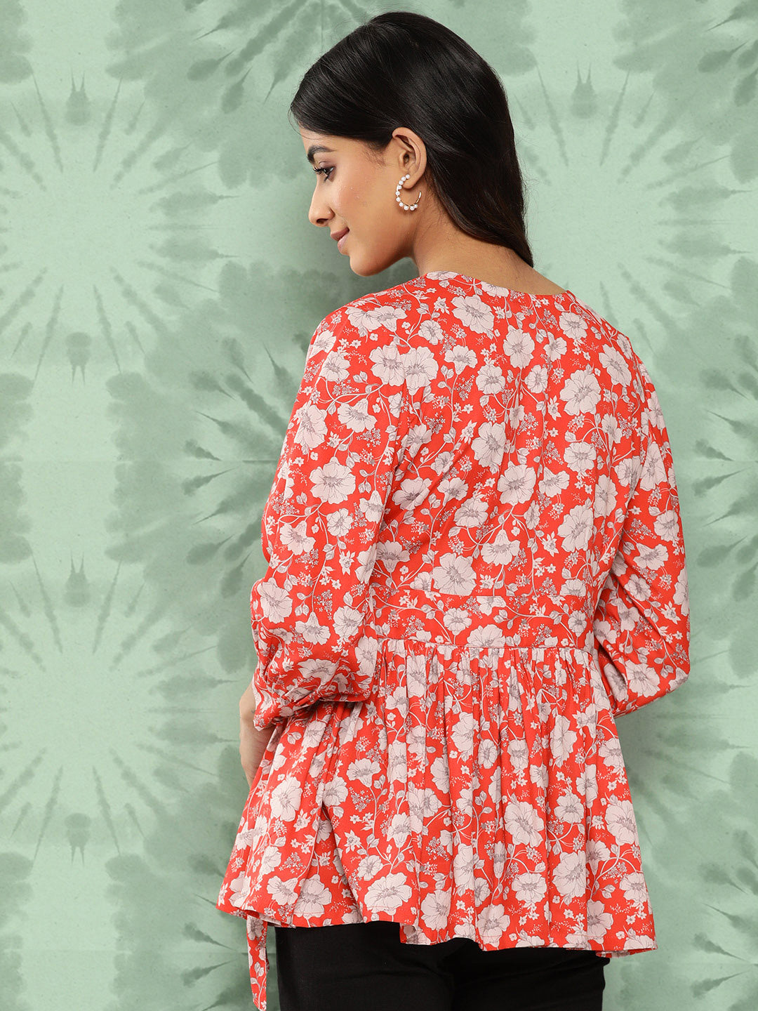 Janasya Women's Orange Crepe Digital Floral Print Casual Peplum Top 