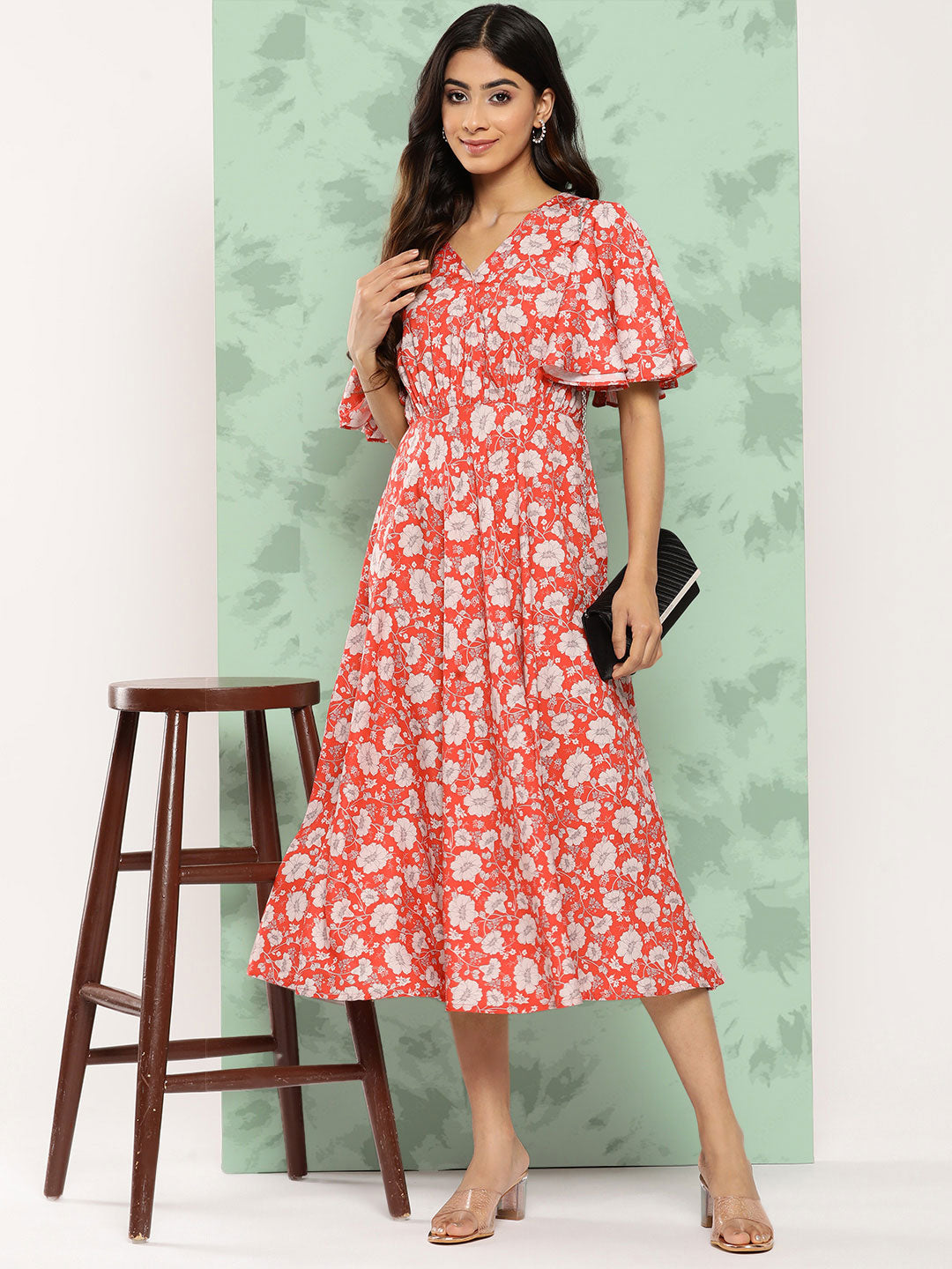 Janasya Women's Orange Crepe Digital Printed Flared Casual Dress 