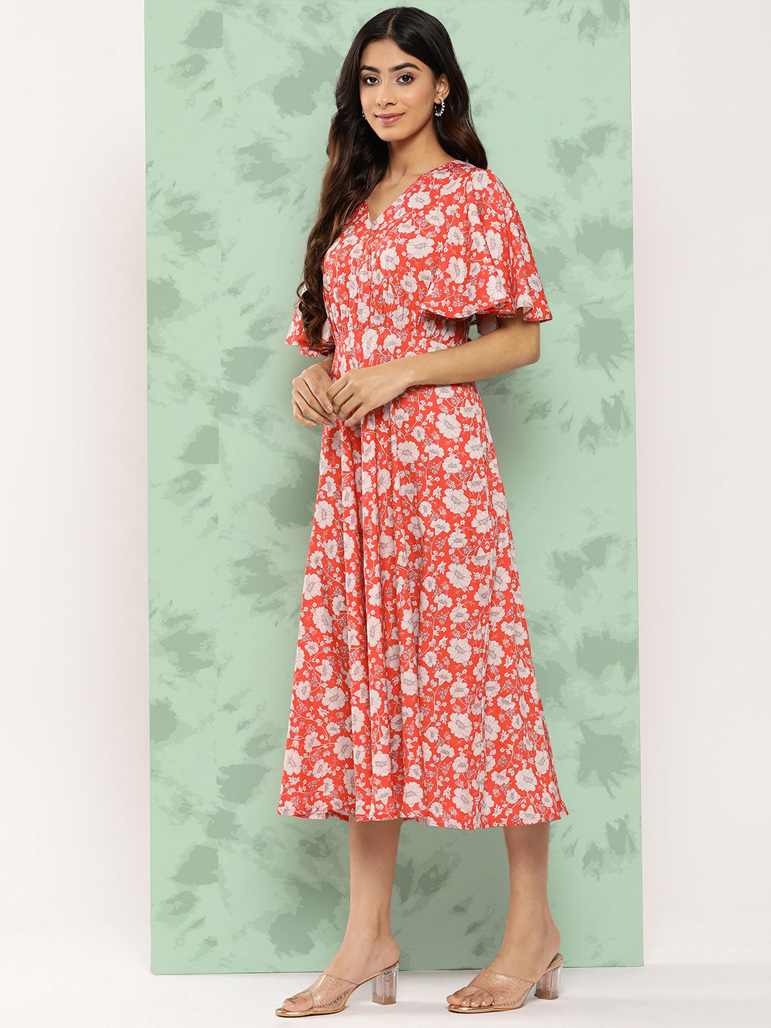 Janasya Women's Orange Crepe Digital Printed Flared Casual Dress 