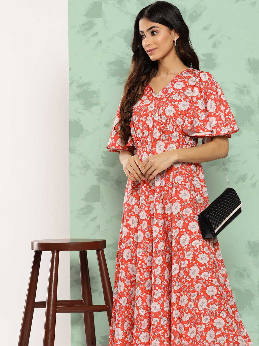 Janasya Women's Orange Crepe Digital Printed Flared Casual Dress 