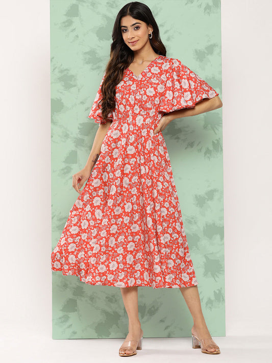 Janasya Women's Orange Crepe Digital Printed Flared Casual Dress 