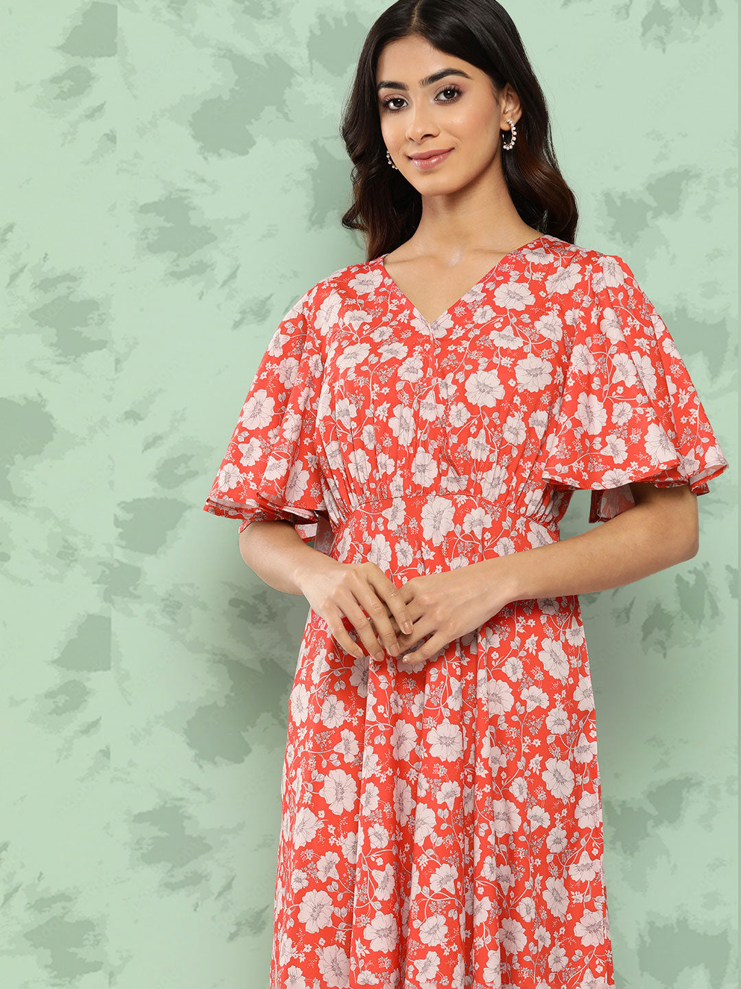 Janasya Women's Orange Crepe Digital Printed Flared Casual Dress 