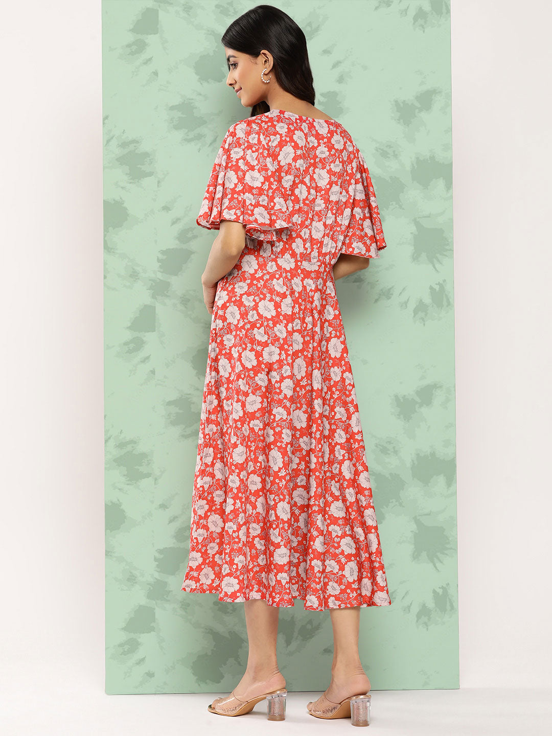 Janasya Women's Orange Crepe Digital Printed Flared Casual Dress 