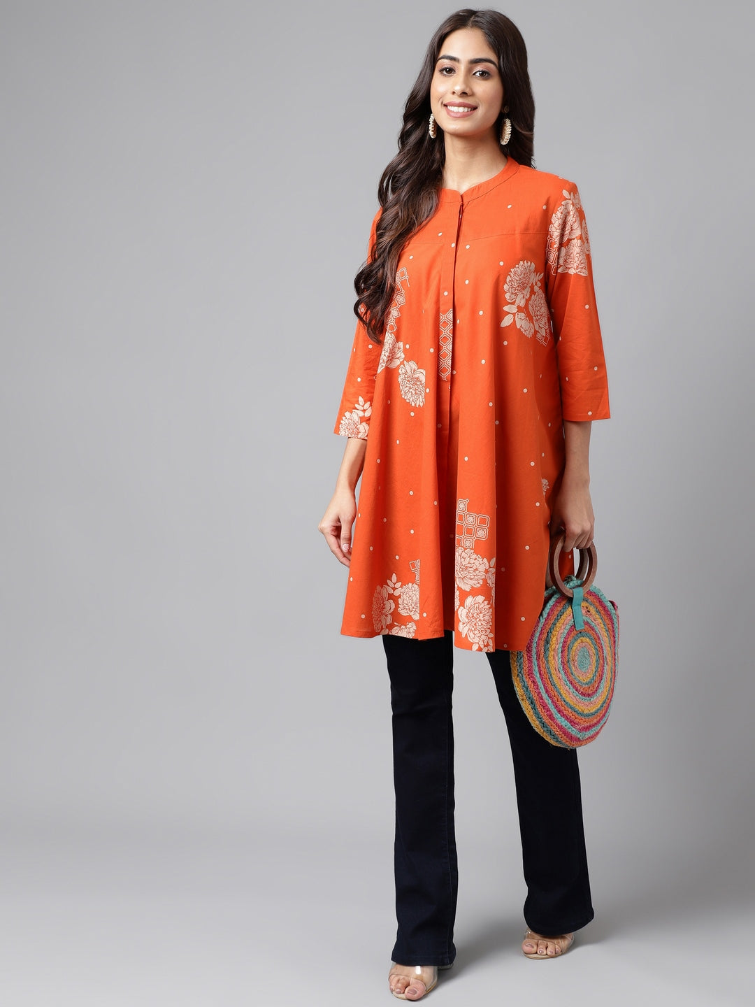 Janasya Women's Orange Cotton Floral Printed Casual Flared Tunic 