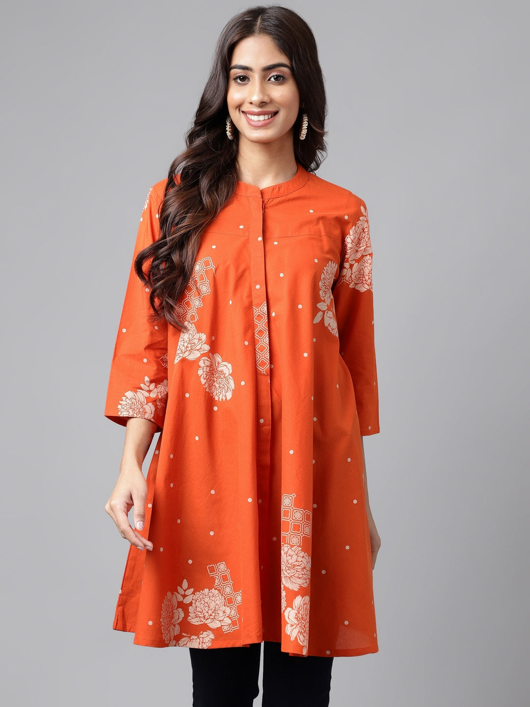 Janasya Women's Orange Cotton Floral Printed Casual Flared Tunic 