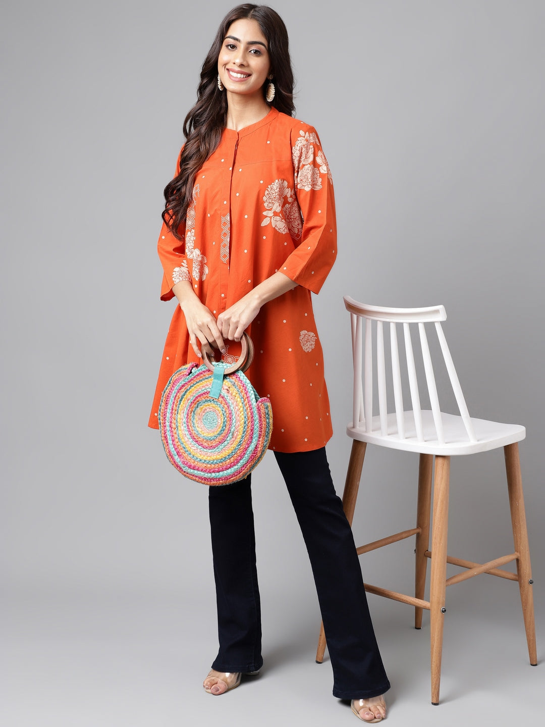 Janasya Women's Orange Cotton Floral Printed Casual Flared Tunic 