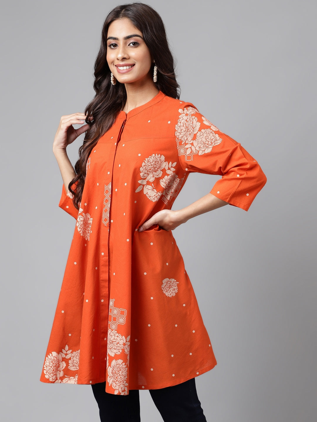 Janasya Women's Orange Cotton Floral Printed Casual Flared Tunic 