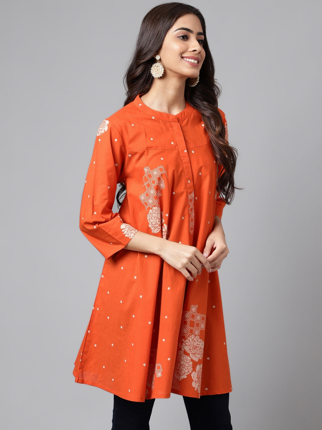 Janasya Women's Orange Cotton Floral Printed Casual Flared Tunic 