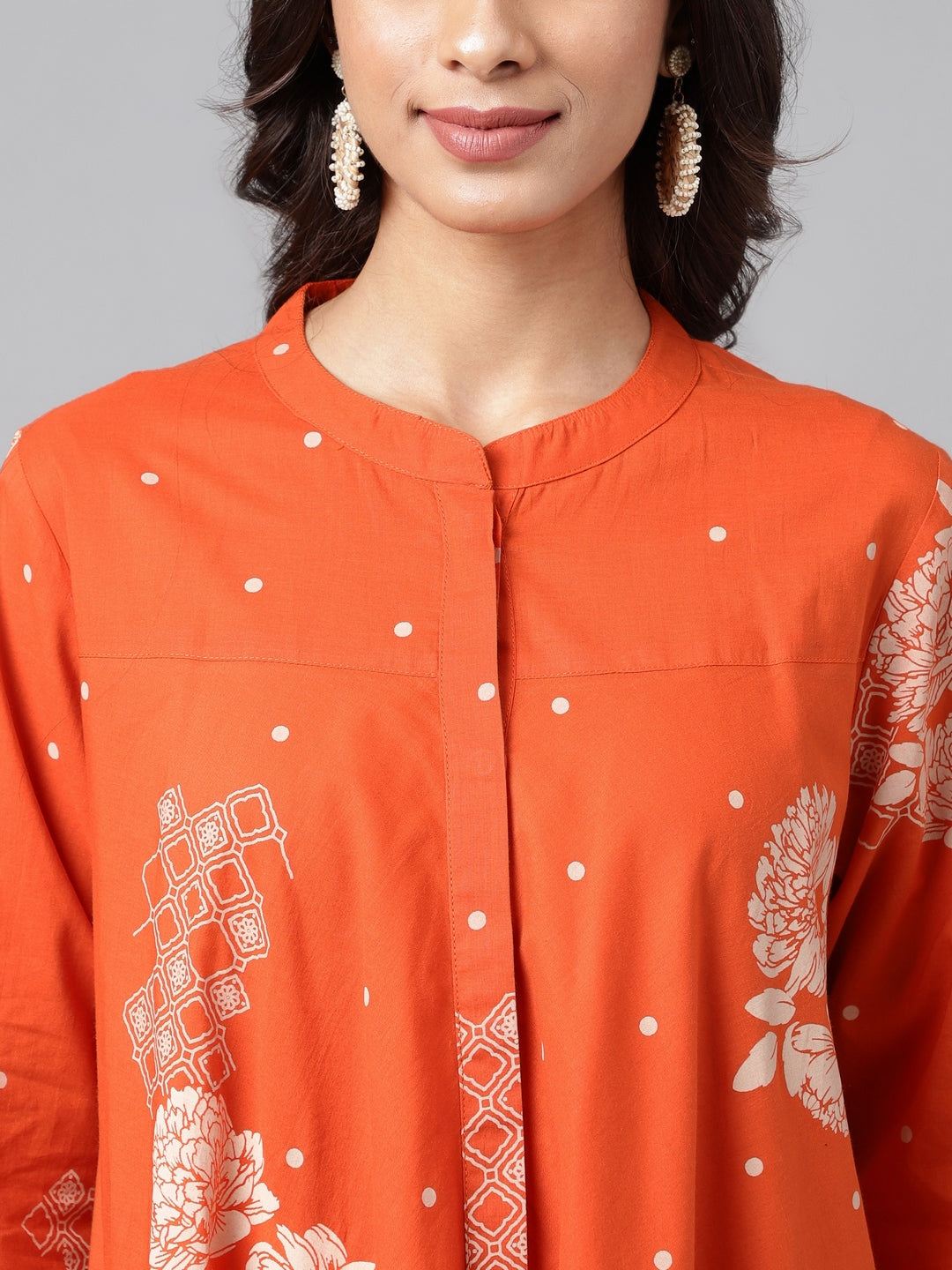 Janasya Women's Orange Cotton Floral Printed Casual Flared Tunic 