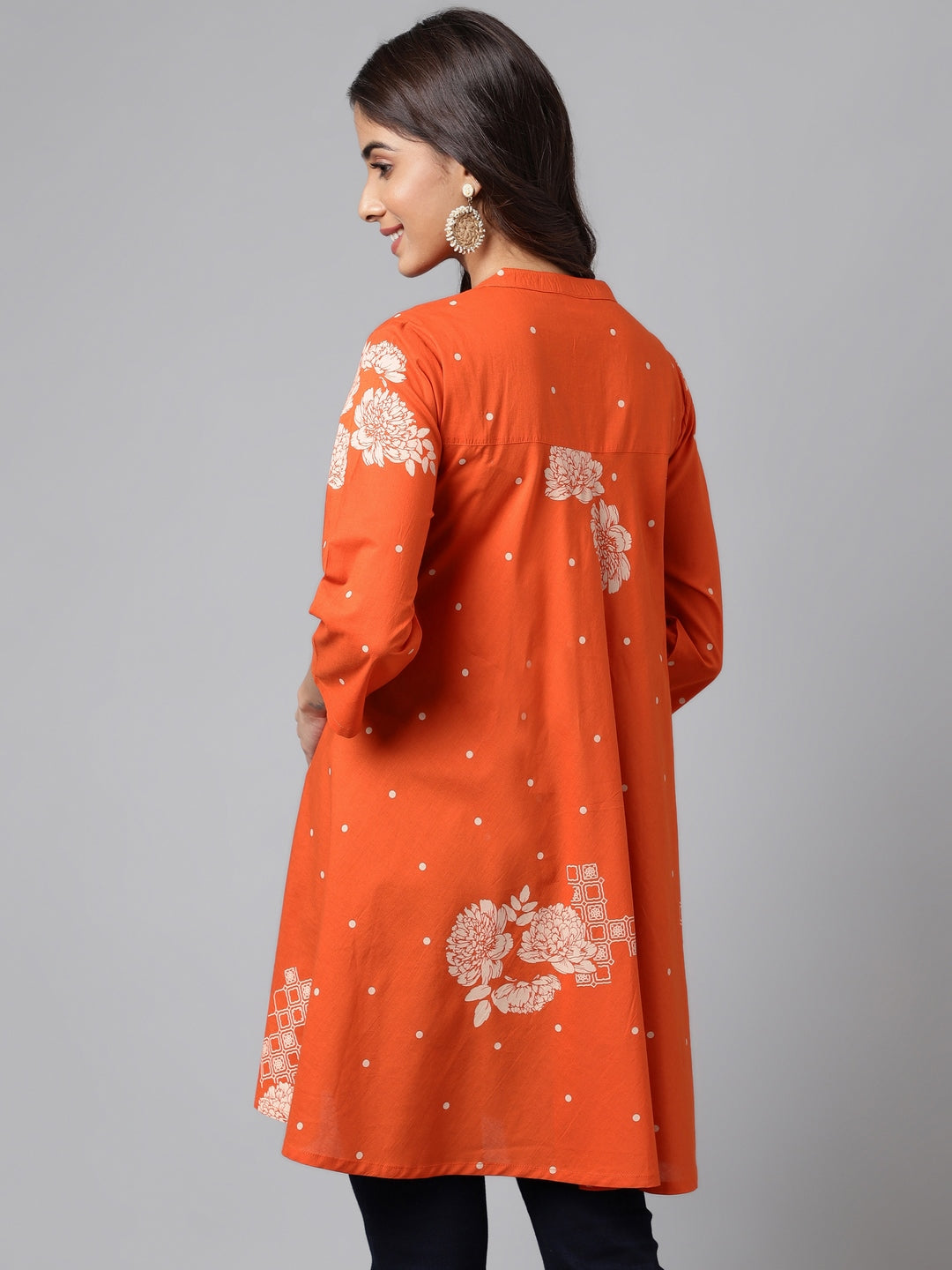 Janasya Women's Orange Cotton Floral Printed Casual Flared Tunic 