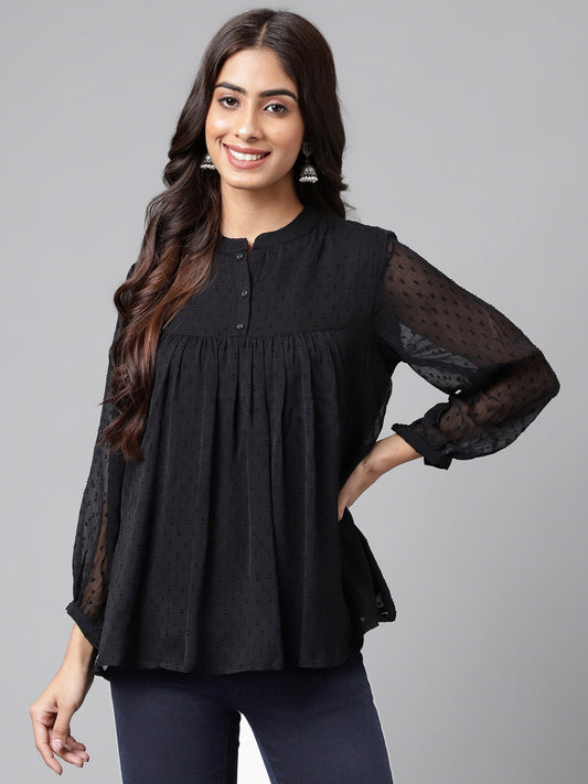 Janasya Women's Black Dobby Chiffon Solid Casual Empire Top 
