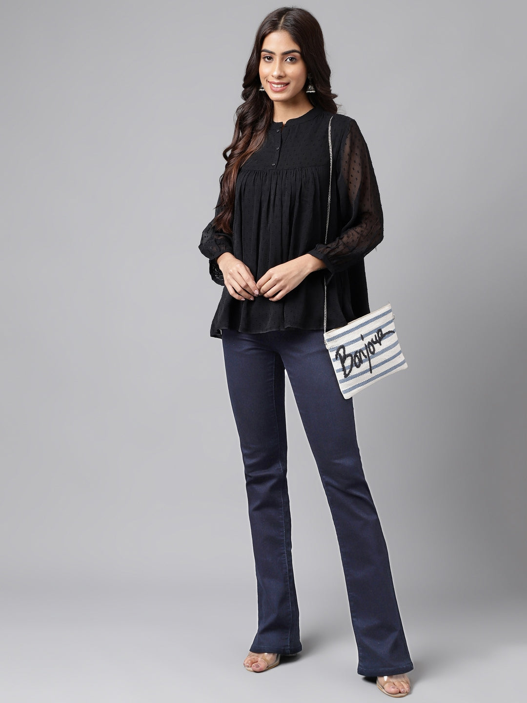 Janasya Women's Black Dobby Chiffon Solid Casual Empire Top 