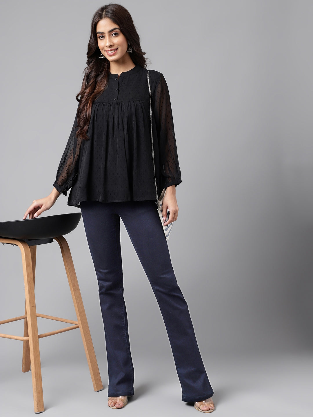 Janasya Women's Black Dobby Chiffon Solid Casual Empire Top 