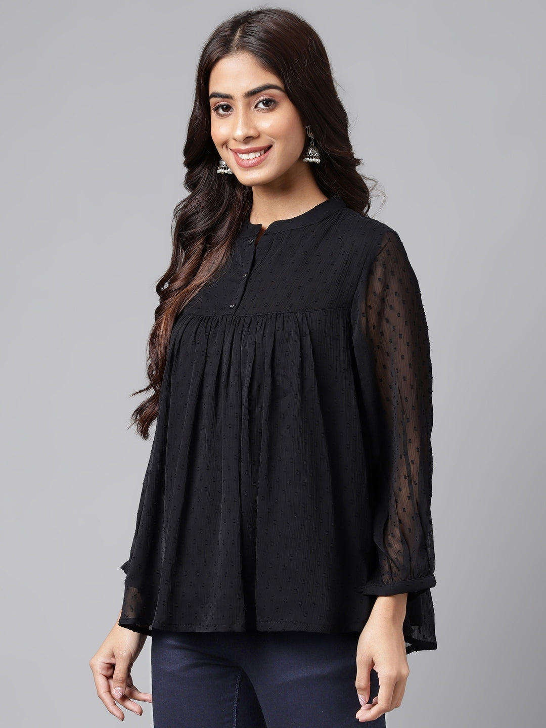 Janasya Women's Black Dobby Chiffon Solid Casual Empire Top 