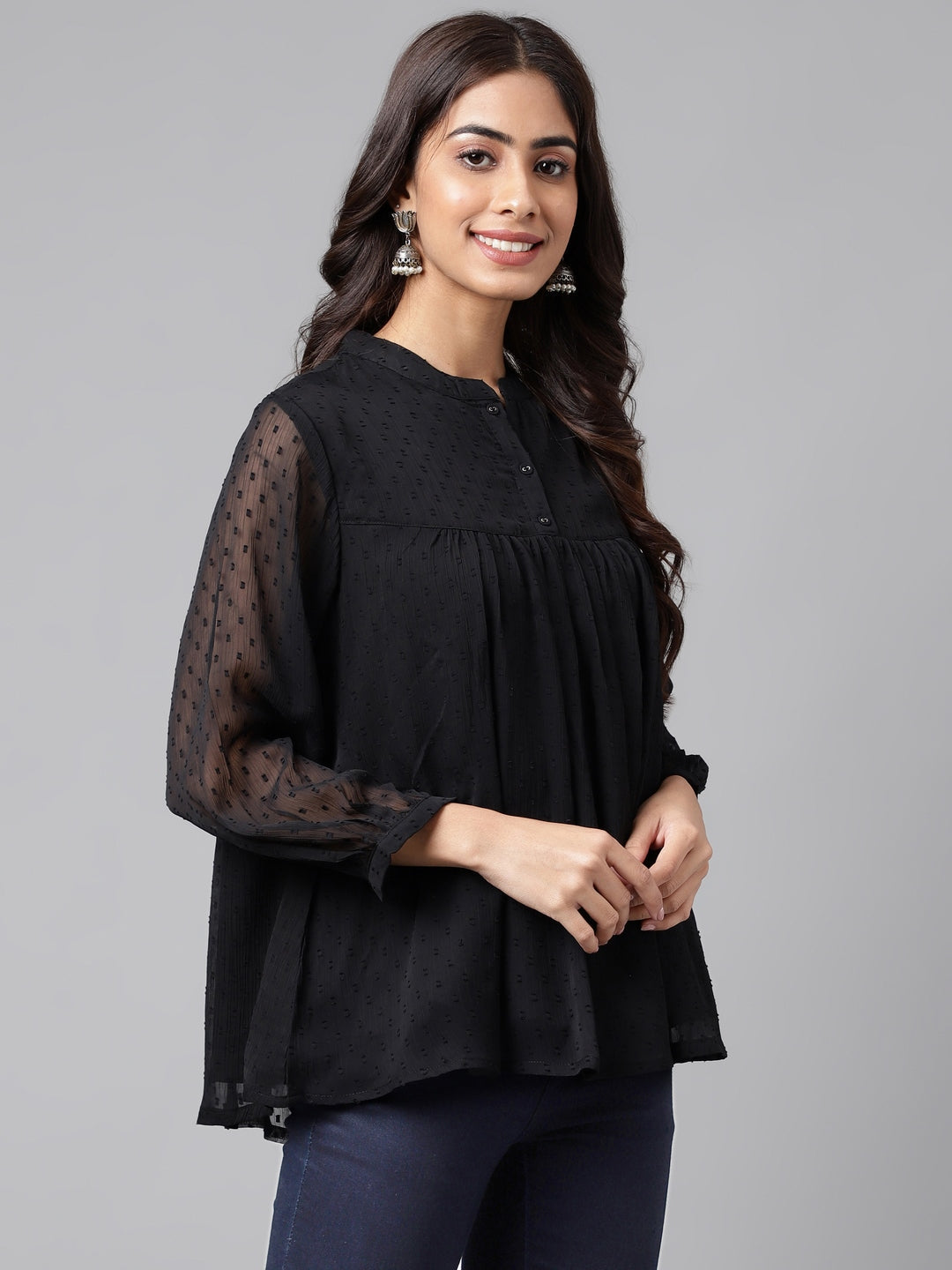 Janasya Women's Black Dobby Chiffon Solid Casual Empire Top 