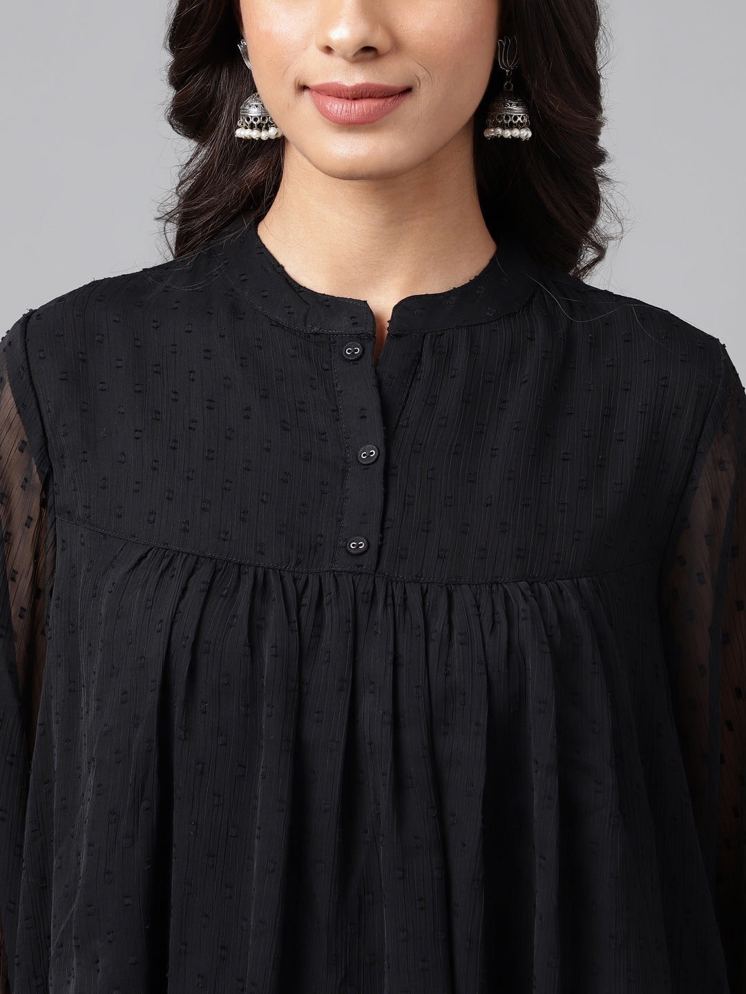 Janasya Women's Black Dobby Chiffon Solid Casual Empire Top 