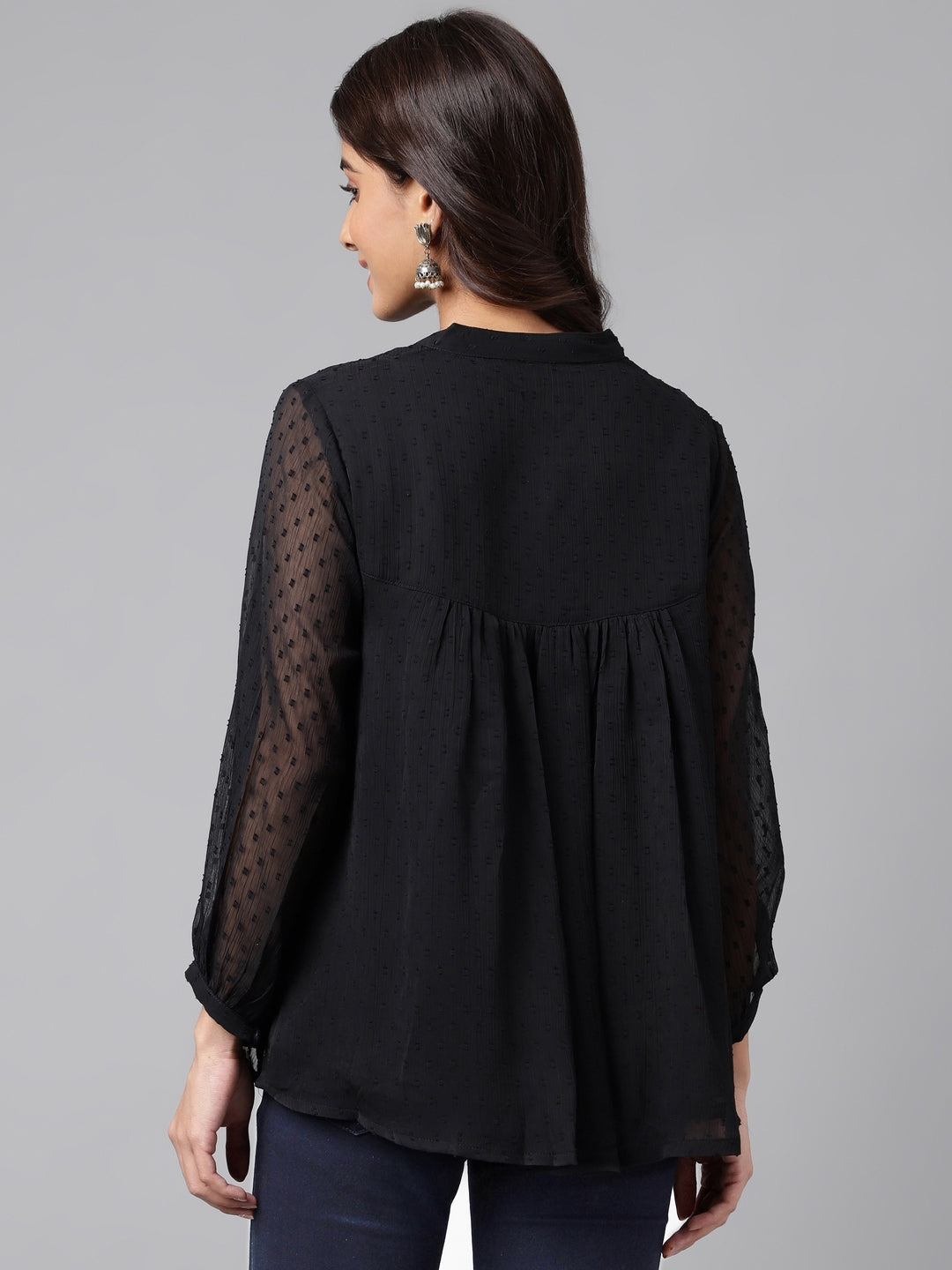 Janasya Women's Black Dobby Chiffon Solid Casual Empire Top 