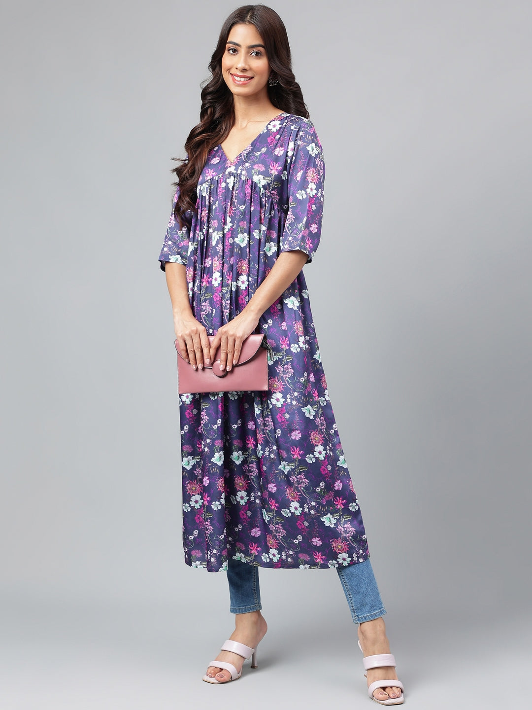 Janasya Women's Navy Blue Satin Digital Floral Printed Casual Gathered Kurta 