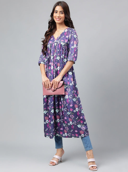 Janasya Women's Navy Blue Satin Digital Floral Printed Casual Gathered Kurta 
