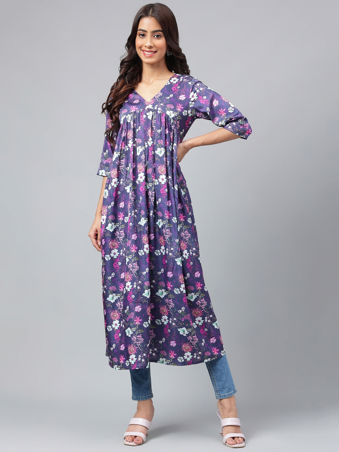 Janasya Women's Navy Blue Satin Digital Floral Printed Casual Gathered Kurta 