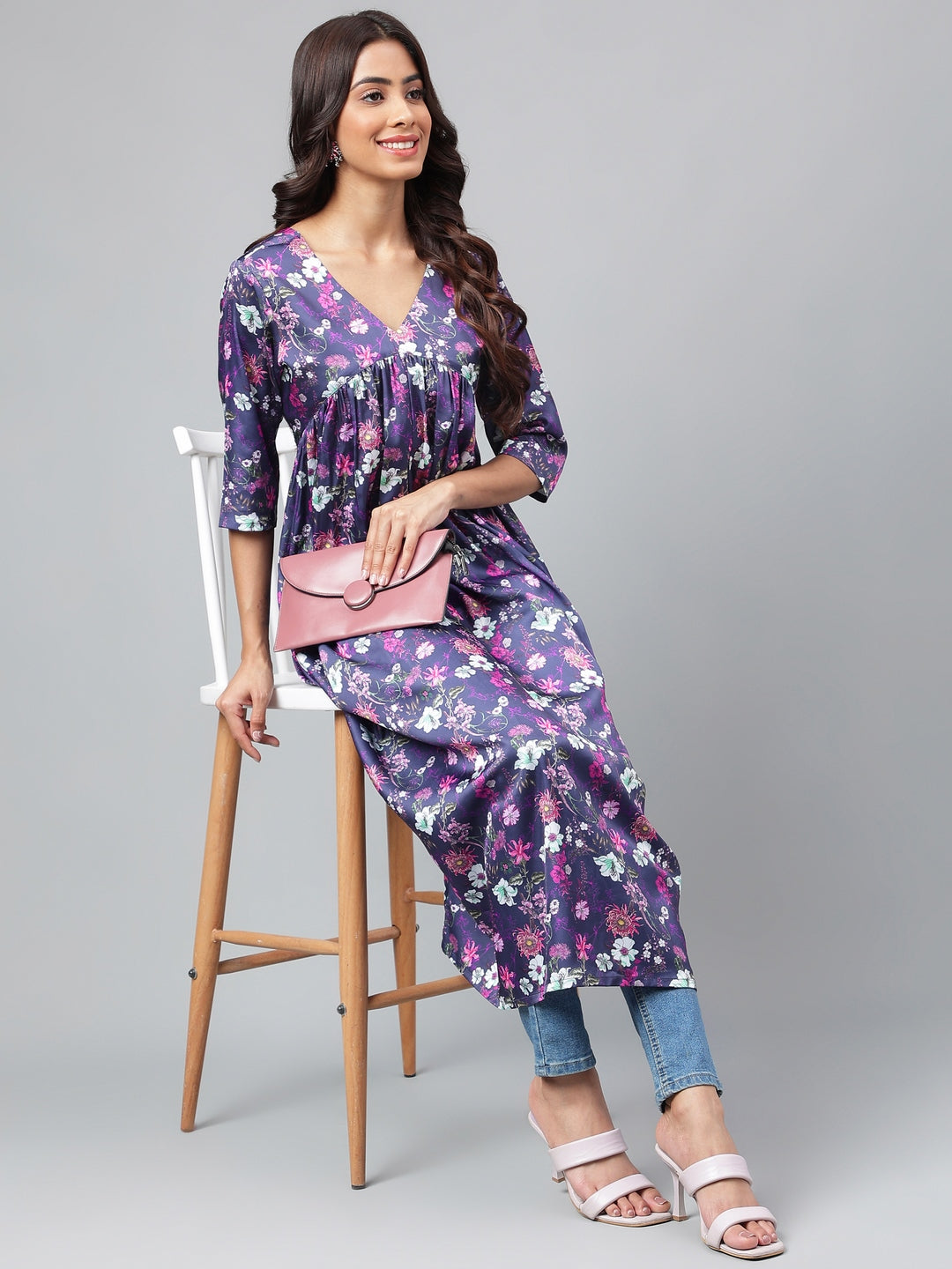 Janasya Women's Navy Blue Satin Digital Floral Printed Casual Gathered Kurta 