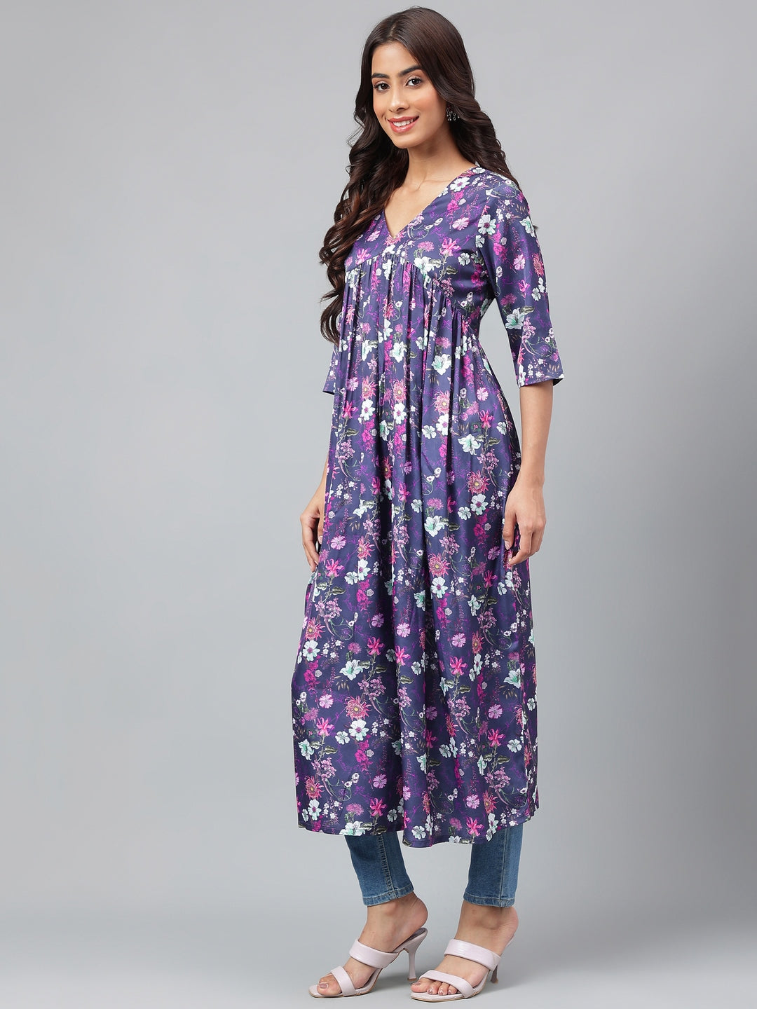 Janasya Women's Navy Blue Satin Digital Floral Printed Casual Gathered Kurta 