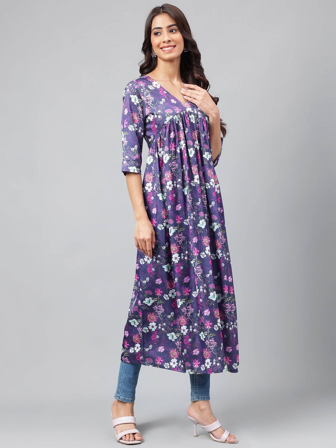 Janasya Women's Navy Blue Satin Digital Floral Printed Casual Gathered Kurta 