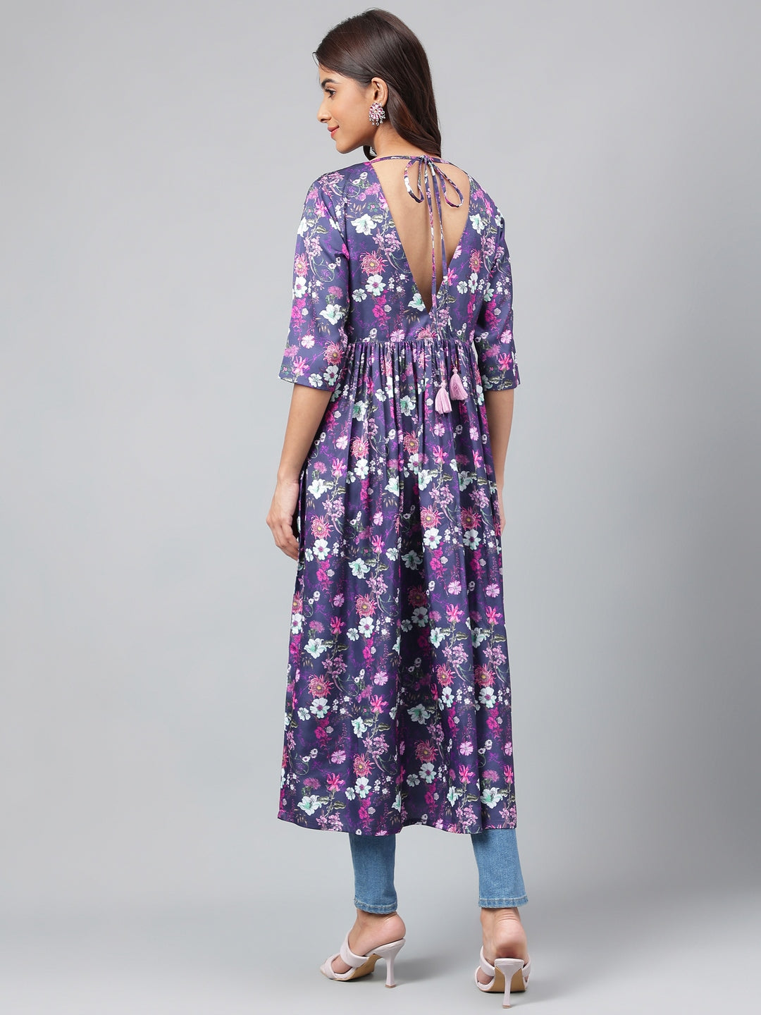 Janasya Women's Navy Blue Satin Digital Floral Printed Casual Gathered Kurta 