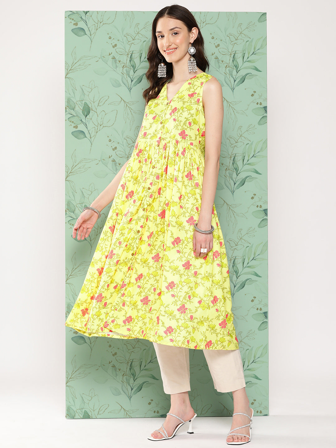 Janasya Women's Lemon Yellow Moss Digital Floral Printed Casual Gathered Kurta 