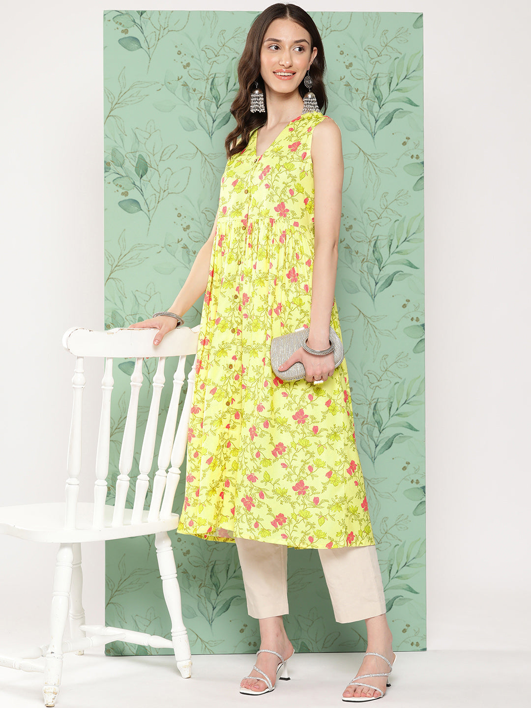 Janasya Women's Lemon Yellow Moss Digital Floral Printed Casual Gathered Kurta 