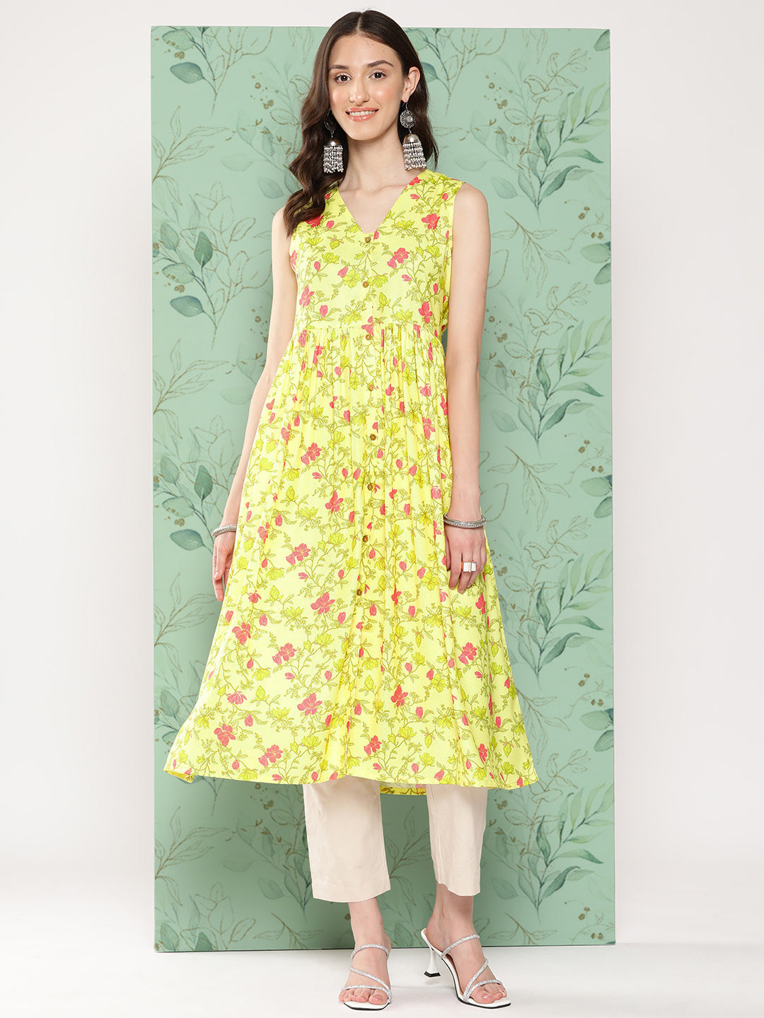 Janasya Women's Lemon Yellow Moss Digital Floral Printed Casual Gathered Kurta 