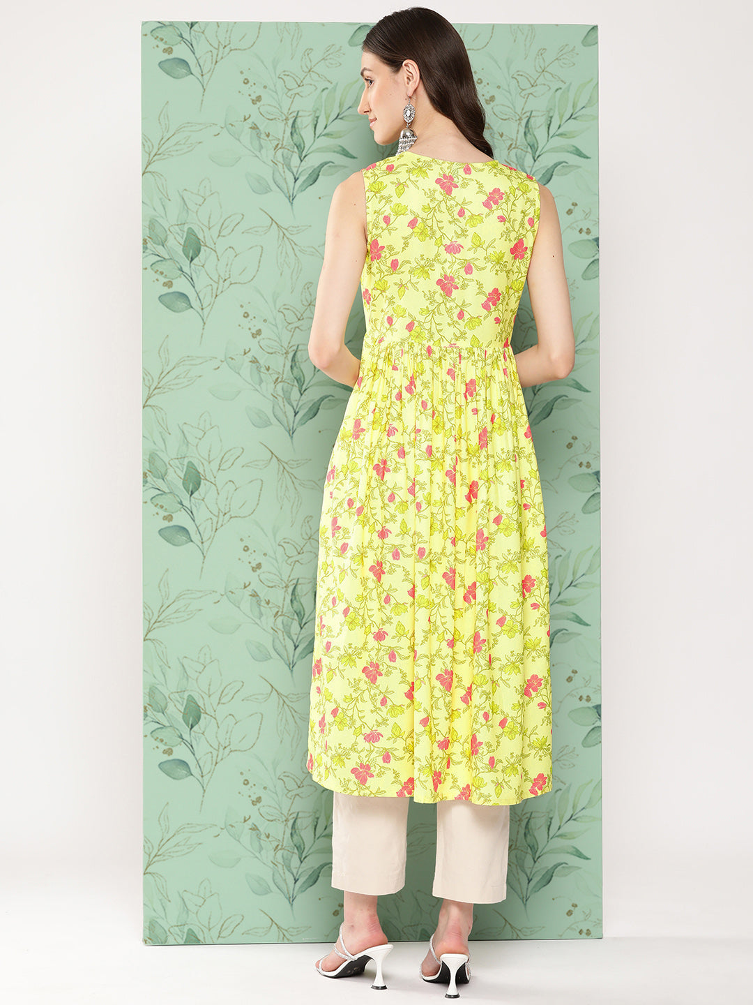 Janasya Women's Lemon Yellow Moss Digital Floral Printed Casual Gathered Kurta 